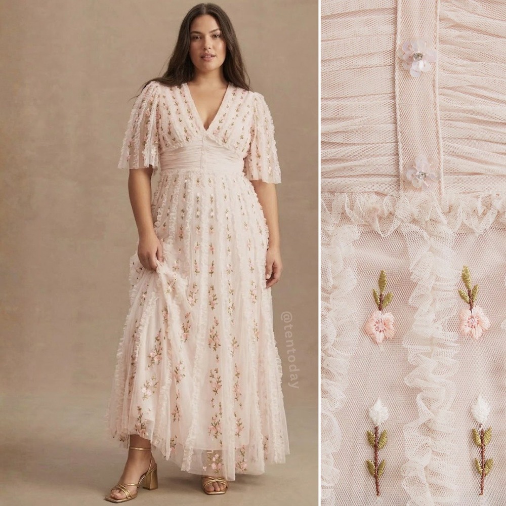 Mac Duggal Size 18 Pink Floral V-Neck Ruffle Empire‎ Waist Long Maxi Gown Dress